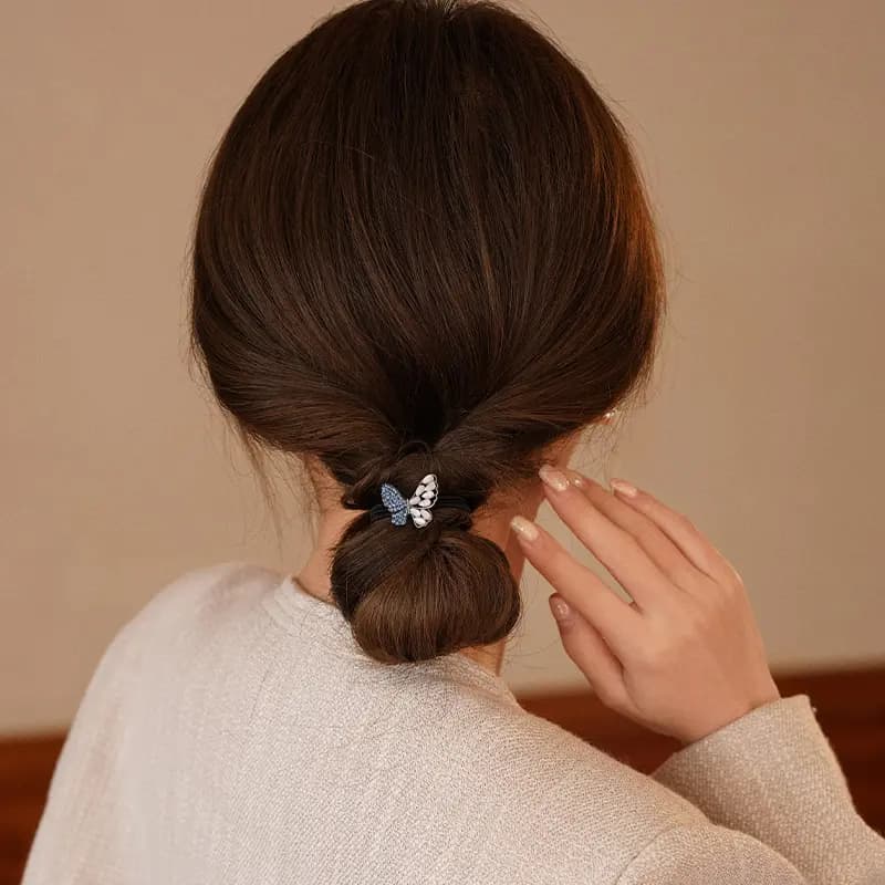 QIMEILA Light Luxury Daily Forest Butterfly Commute 3-Piece Set Sweet Bow Hair Tie Women's Navy Blue 4