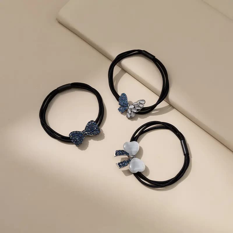 QIMEILA Light Luxury Daily Forest Butterfly Commute 3-Piece Set Sweet Bow Hair Tie Women's Navy Blue 9