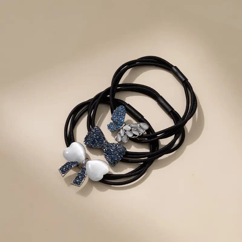 QIMEILA Light Luxury Daily Forest Butterfly Commute 3-Piece Set Sweet Bow Hair Tie Women's Navy Blue 7