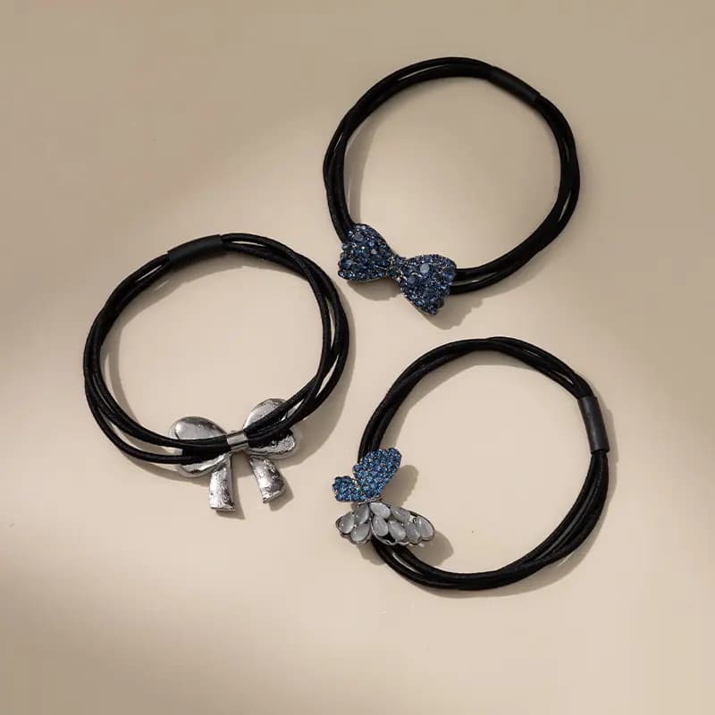 QIMEILA Light Luxury Daily Forest Butterfly Commute 3-Piece Set Sweet Bow Hair Tie Women's Navy Blue 10