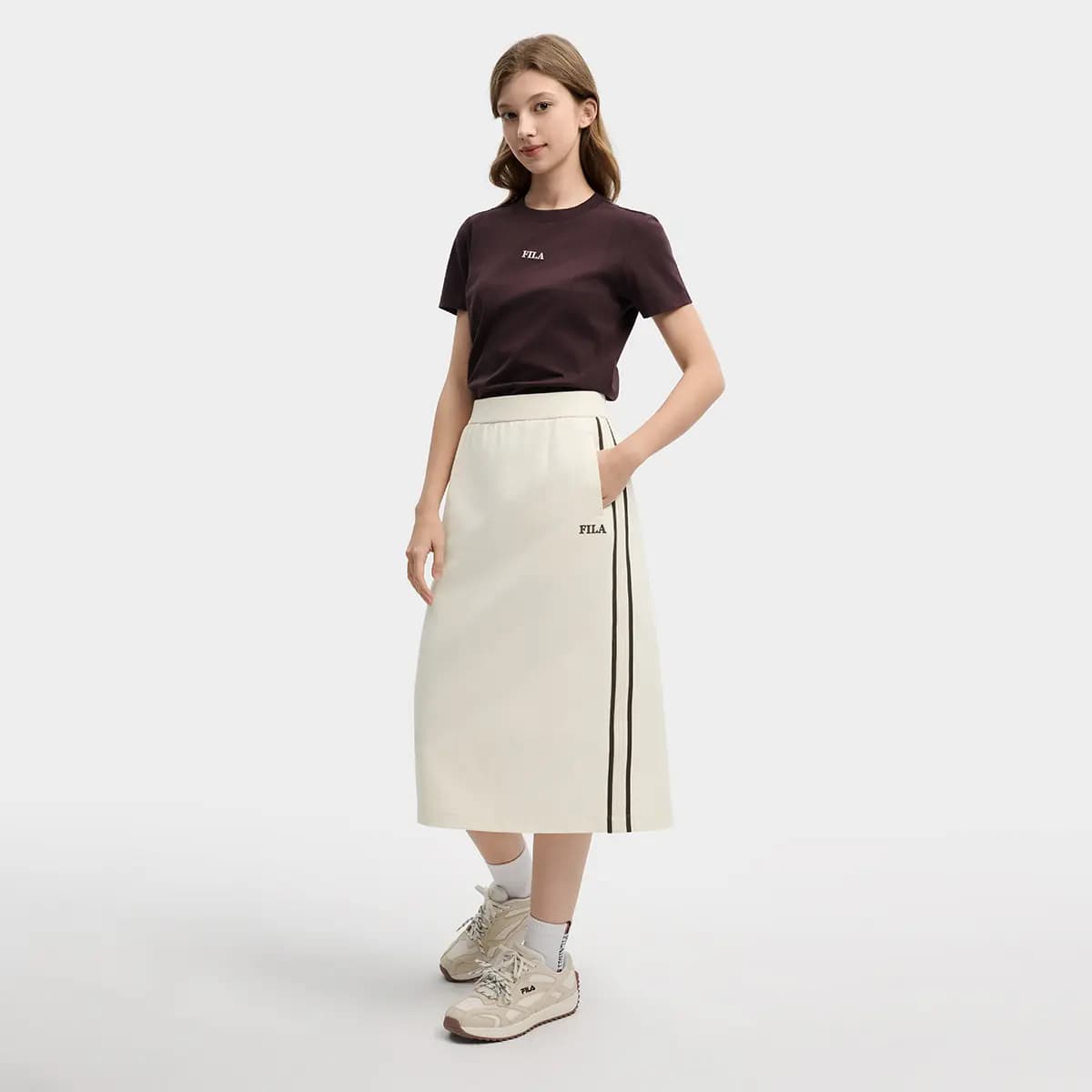 FILA ORIGINALE Classic Vintage Elegant Relaxed Casual Long Skirt Women's Egg White 3