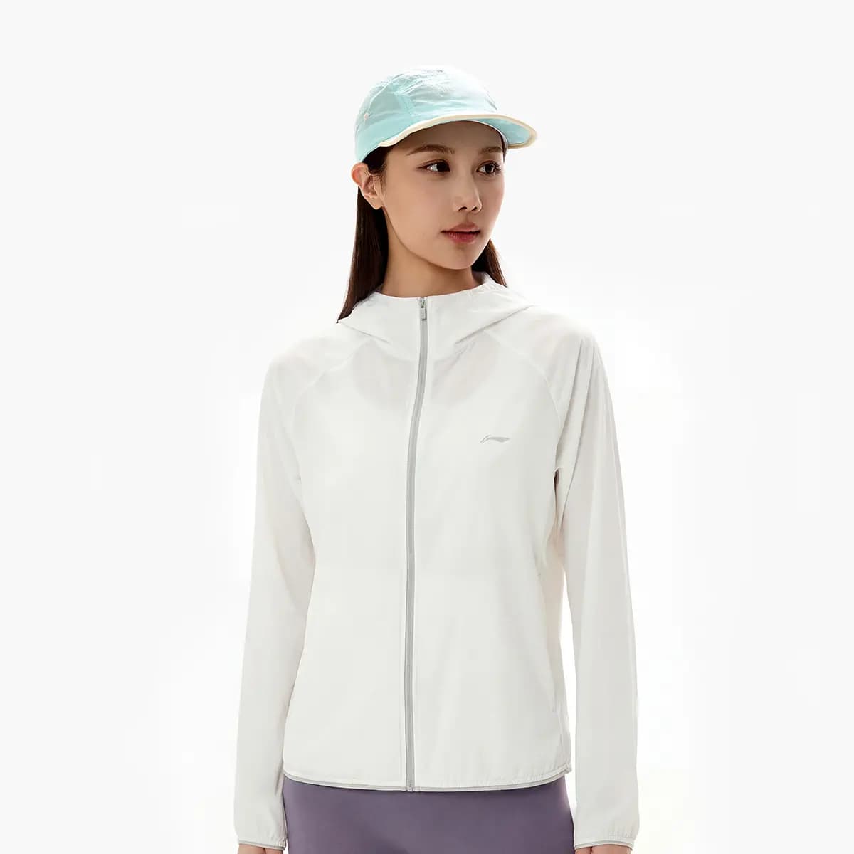 Li-Ning Sports Commute Series Casual Versatile Fashionable Solid Color Commute Summer Cool Original Yarn Cool-Touch Sun Protection Jacket UPF 100+ Hooded Zip Soft Sport Windbreaker Women's Cream White 3