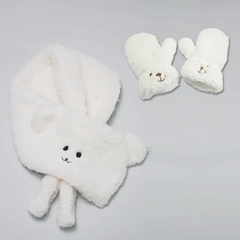 VERENA REINE Soft Fufu Faux Lamb + Puppy Shape Polar Fleece Warm Scarf Set Autumn Winter Warm Set Gloves Unisex Couple 3
