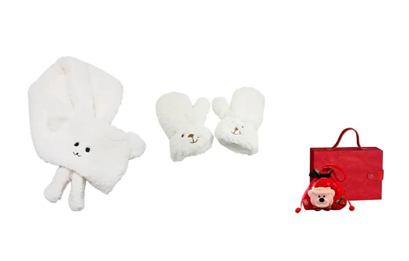 VERENA REINE Soft Fufu Faux Lamb + Puppy Shape Polar Fleece Warm Scarf Set Autumn Winter Warm Set Gloves Unisex Couple 10