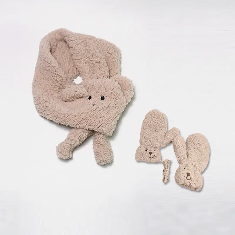 VERENA REINE Soft Fufu Faux Lamb + Puppy Shape Polar Fleece Warm Scarf Set Autumn Winter Warm Set Gloves Unisex Couple 9