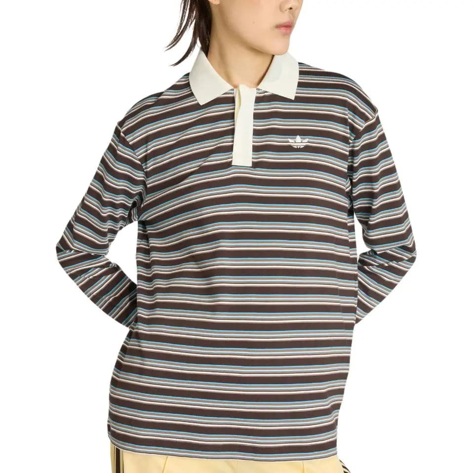adidas Originals STRIPED OVERSIZED LS Loose Cotton Long Sleeve Polo Shirt Women's 3