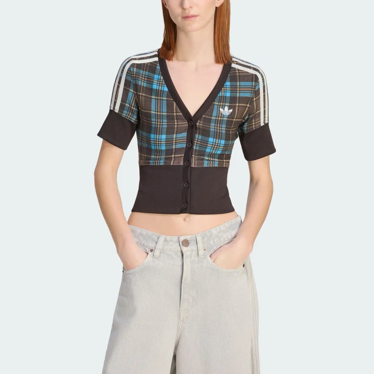 adidas Originals Checked Button-Down V-Neck Short-Sleeve Shirt Women's 2