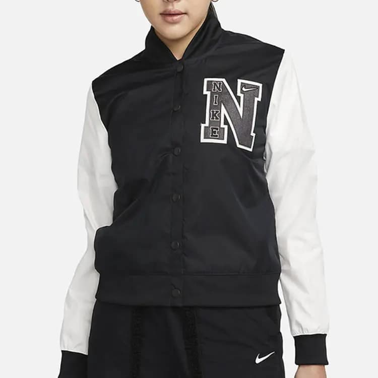 Nike Logo Print Graphic Single-Breasted Long Sleeve Baseball Jacket Women's Black 3