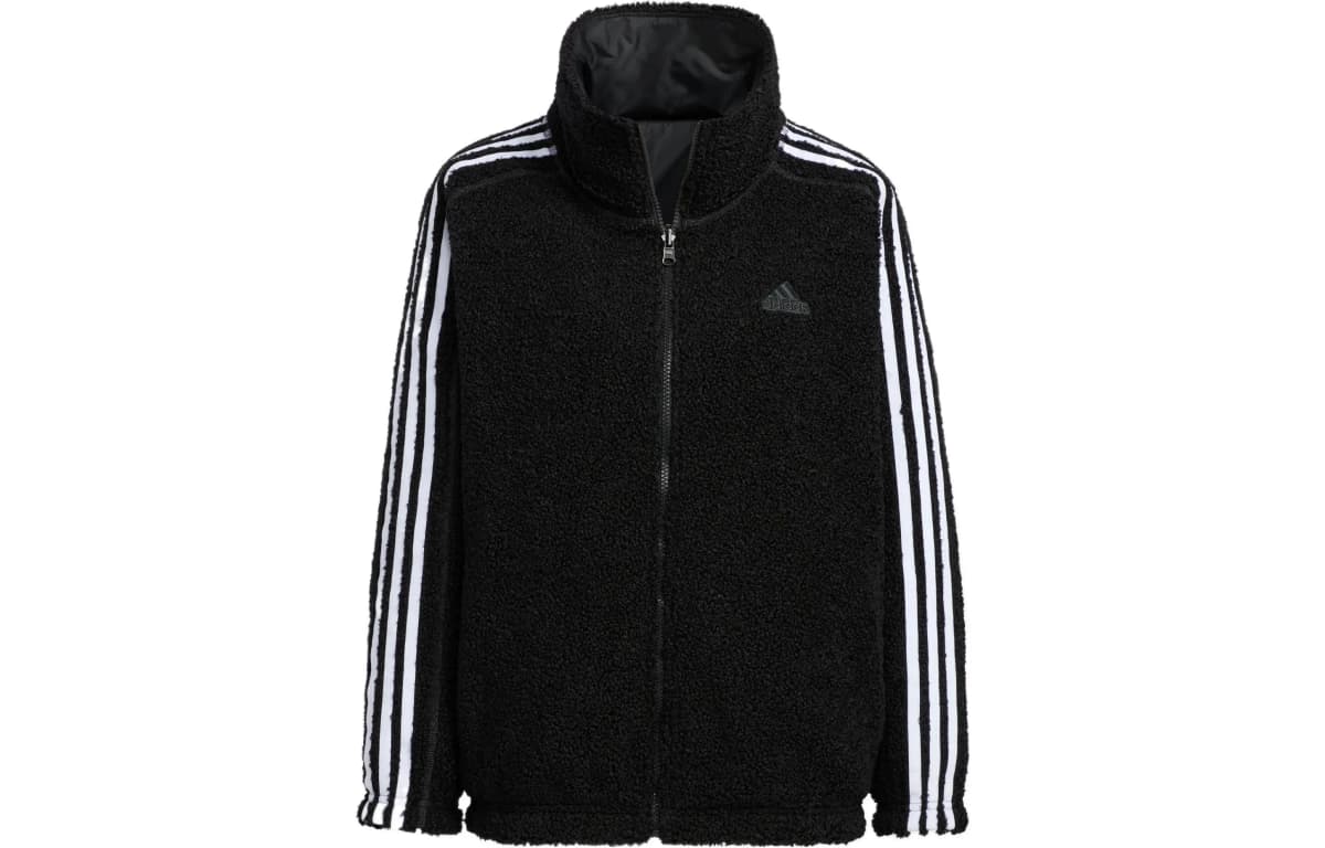 adidas Metrevboa Jacket T2 Stripe Embroidered Logo Zip Stand Collar Faux Shearling Jacket Women's Black
