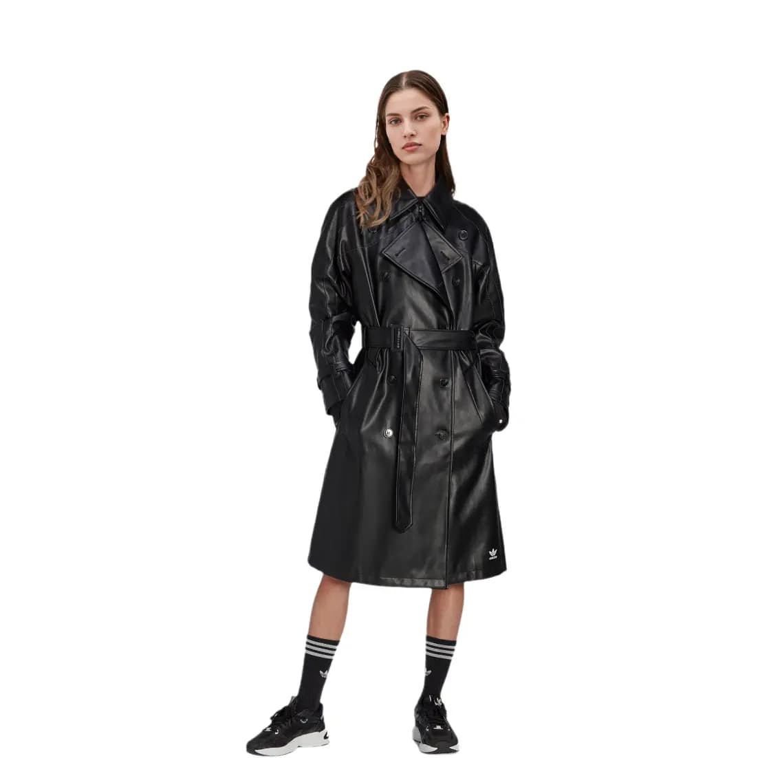 adidas originals Faux L Trench Double-Breasted Long Coat Qadın Qara 2