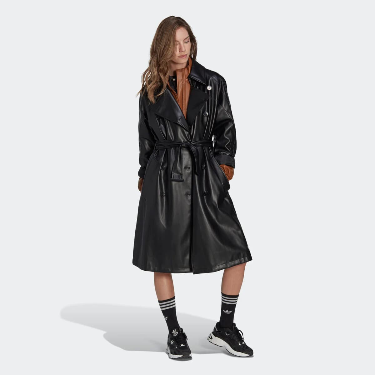 adidas originals Faux L Trench Double-Breasted Long Coat Qadın Qara 4