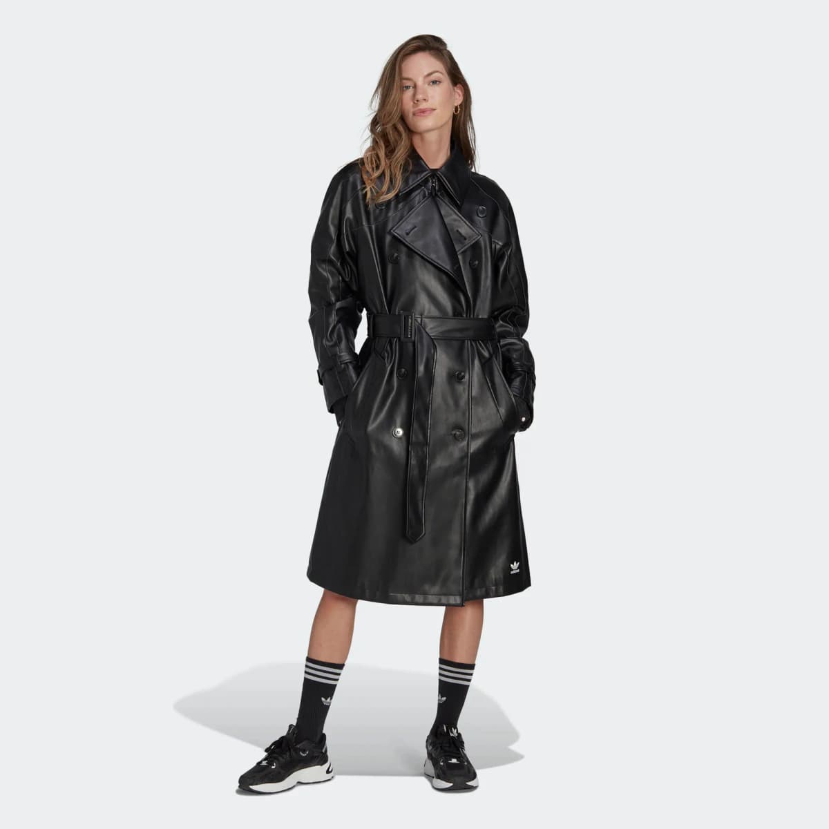 adidas originals Faux L Trench Double-Breasted Long Coat Qadın Qara 5