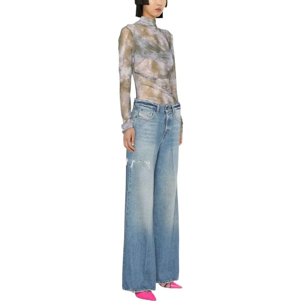 DIESEL FW22 Solid Color Ripped High-Waist Straight Leg Jeans Women's Blue 4