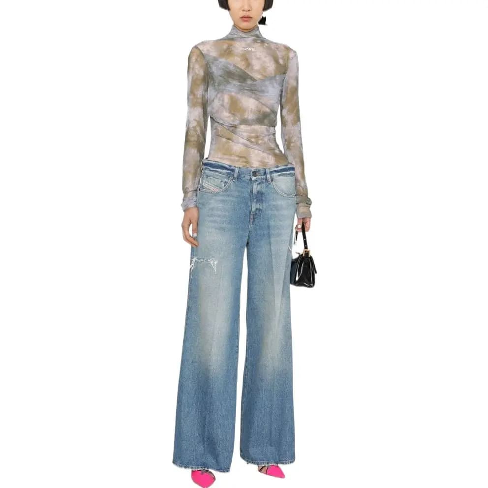 DIESEL FW22 Solid Color Ripped High-Waist Straight Leg Jeans Women's Blue 2