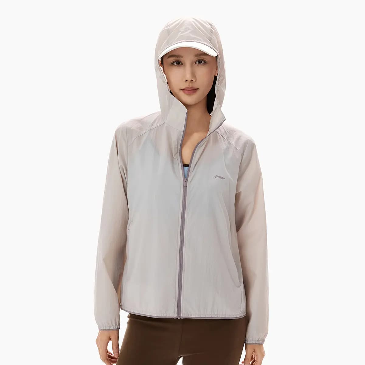 LiNing Sports Commute Series Casual Versatile Fashion Solid Color Commute Summer Cool Original Yarn Cool-Touch Sun Protection Jacket UPF 100+ Hooded Zip Soft Sports Windbreaker Women's Smoke Purple Gray 4