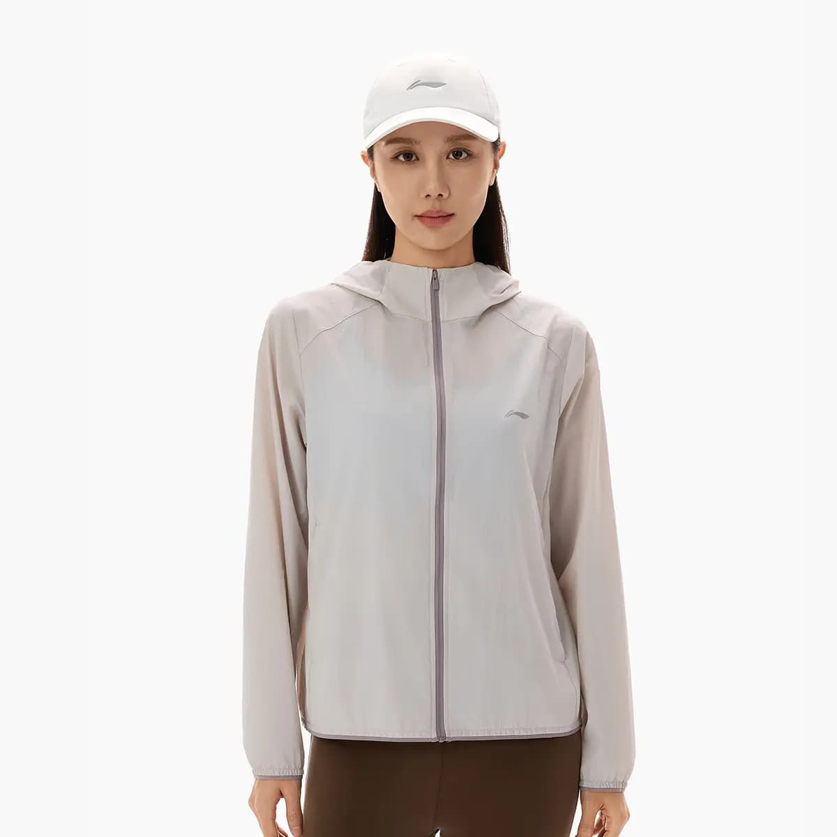 LiNing Sports Commute Series Casual Versatile Fashion Solid Color Commute Summer Cool Original Yarn Cool-Touch Sun Protection Jacket UPF 100+ Hooded Zip Soft Sports Windbreaker Women's Smoke Purple Gray 3