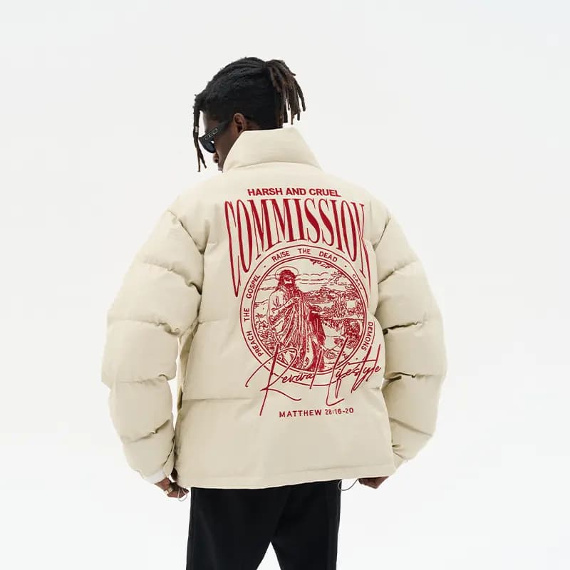 HARSH AND CRUEL Retro Street Hip-Hop Layout Graphic Print Loose Stand Collar Leather Down Jacket Unisex 8