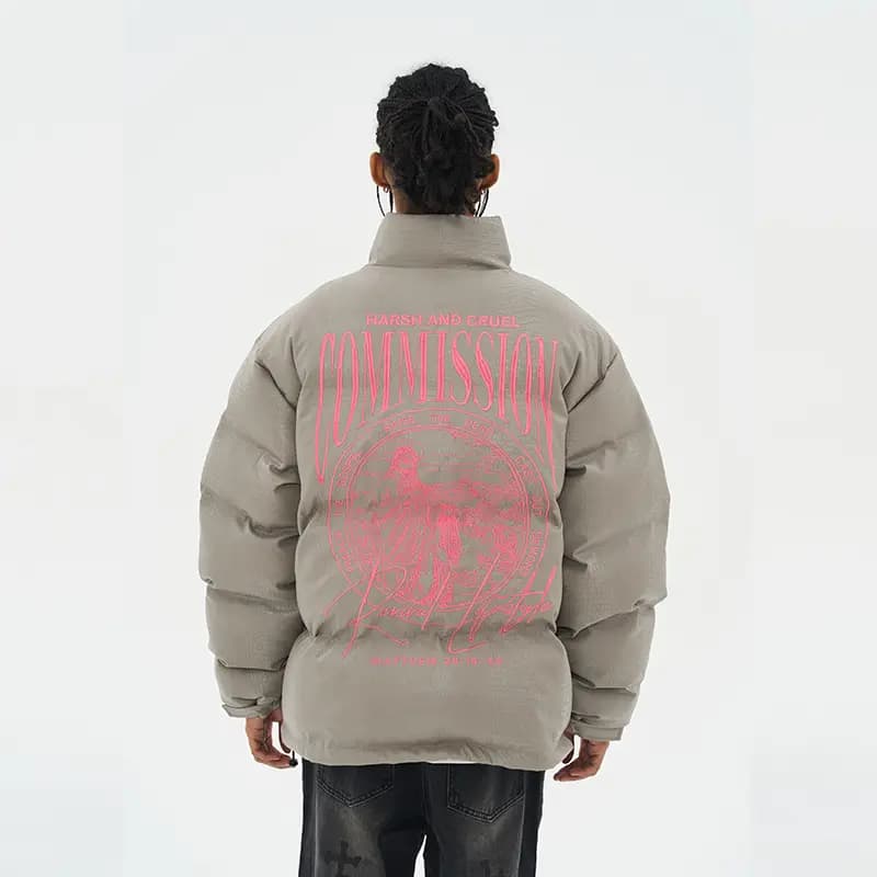 HARSH AND CRUEL Retro Street Hip-Hop Layout Graphic Print Loose Stand Collar Leather Down Jacket Unisex 11