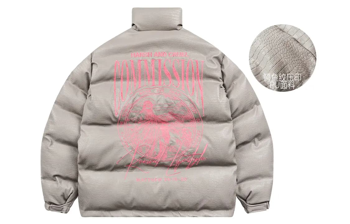 HARSH AND CRUEL Retro Street Hip-Hop Layout Graphic Print Loose Stand Collar Leather Down Jacket Unisex 9