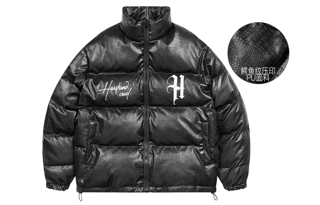 HARSH AND CRUEL Retro Street Hip-Hop Layout Graphic Print Loose Stand Collar Leather Down Jacket Unisex 2
