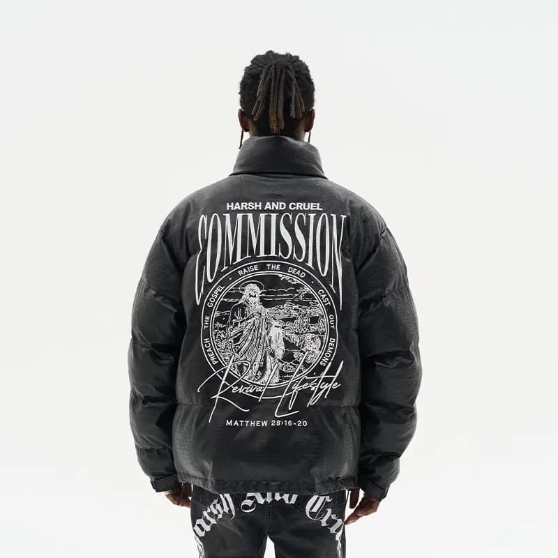 HARSH AND CRUEL Retro Street Hip-Hop Layout Graphic Print Loose Stand Collar Leather Down Jacket Unisex 4