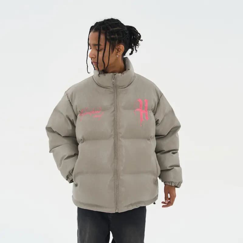 HARSH AND CRUEL Retro Street Hip-Hop Layout Graphic Print Loose Stand Collar Leather Down Jacket Unisex 12