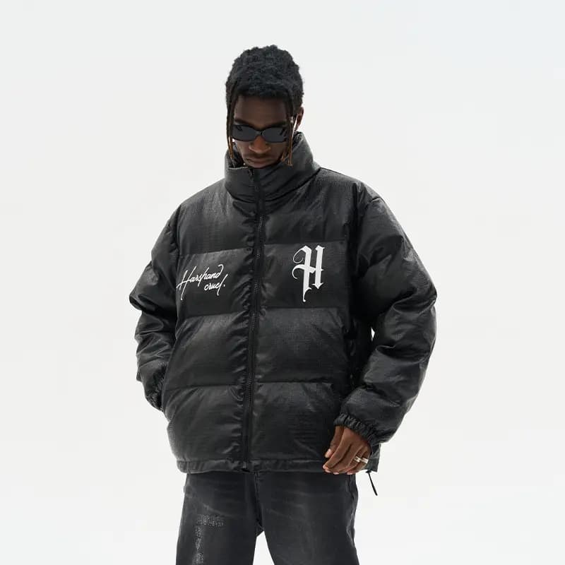HARSH AND CRUEL Retro Street Hip-Hop Layout Graphic Print Loose Stand Collar Leather Down Jacket Unisex 3
