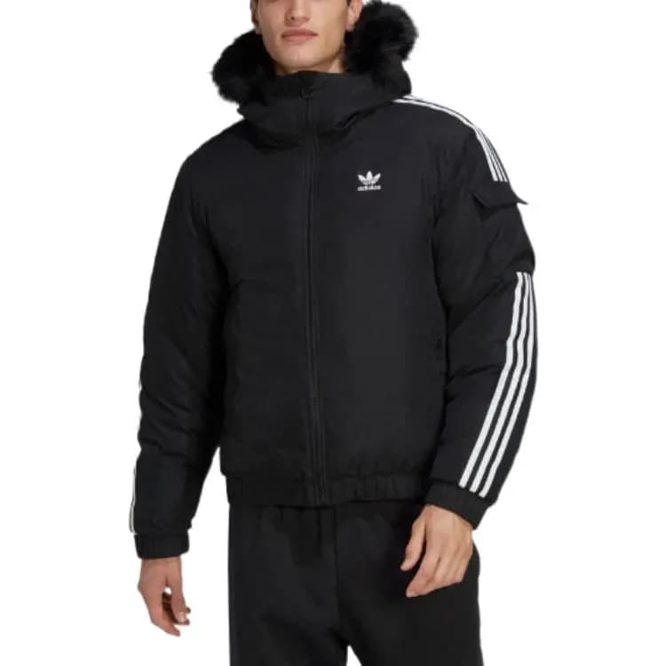 adidas Solid Color Chest Logo Embroidery Hooded Fur Collar Puffer Jacket Coat Men's Black 4