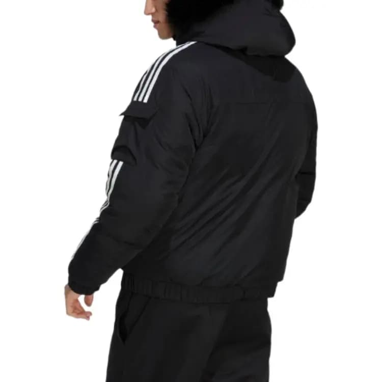 adidas Solid Color Chest Logo Embroidery Hooded Fur Collar Puffer Jacket Coat Men's Black 3