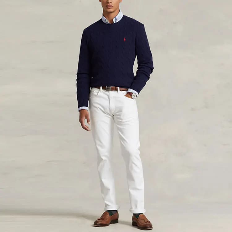 Polo Ralph Lauren FW22 Solid Crewneck Cable Knit Sweater Men's Blue 2