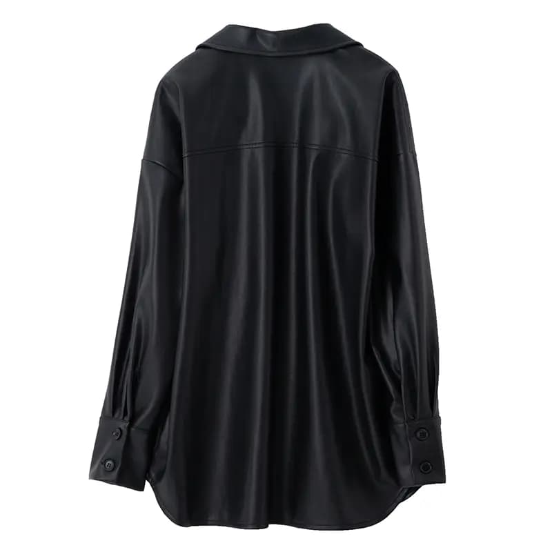SOON FLOWER Vintage American Style Polo Collar PU Leather Jacket Women's Black 2