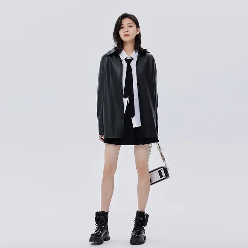 SOON FLOWER Vintage American Style Polo Collar PU Leather Jacket Women's Black 5