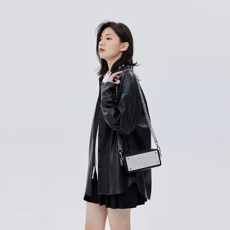 SOON FLOWER Vintage American Style Polo Collar PU Leather Jacket Women's Black 6