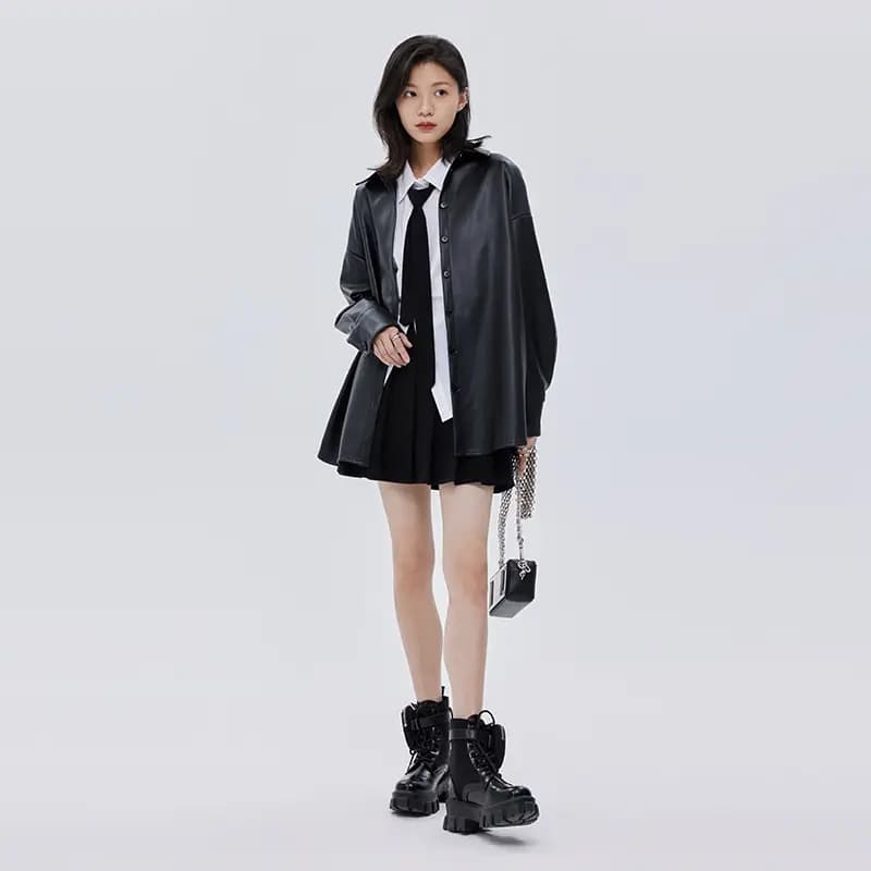 SOON FLOWER Vintage American Style Polo Collar PU Leather Jacket Women's Black 4