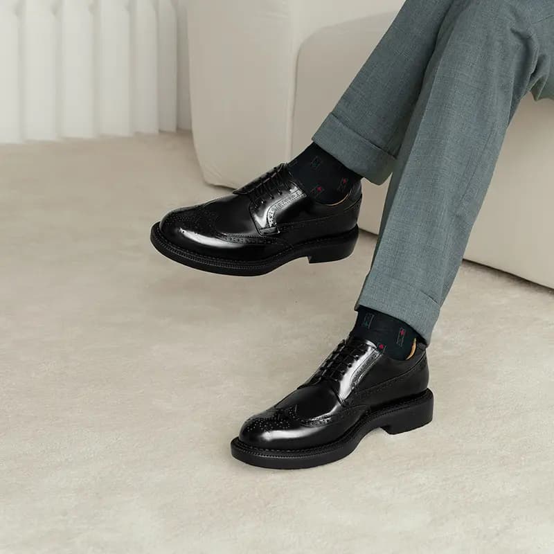 Thom Wills Top Layer Cowhide Inner Height Increase Brogue British Business Derby Shoes Formal Leather Shoes Men's Black 7