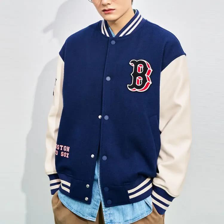 MLB Boston Red Sox Color-Block Letter Print Single-Breasted Baseball Jacket Unisex Navy 3