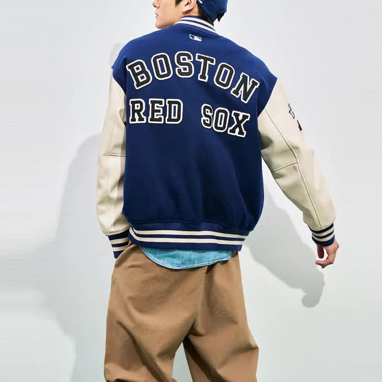 MLB Boston Red Sox Color-Block Letter Print Single-Breasted Baseball Jacket Unisex Navy 4