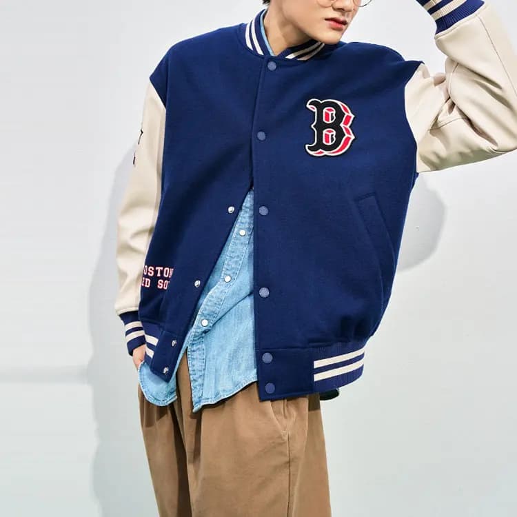 MLB Boston Red Sox Color-Block Letter Print Single-Breasted Baseball Jacket Unisex Navy 5