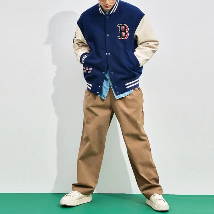 MLB Boston Red Sox Color-Block Letter Print Single-Breasted Baseball Jacket Unisex Navy 7