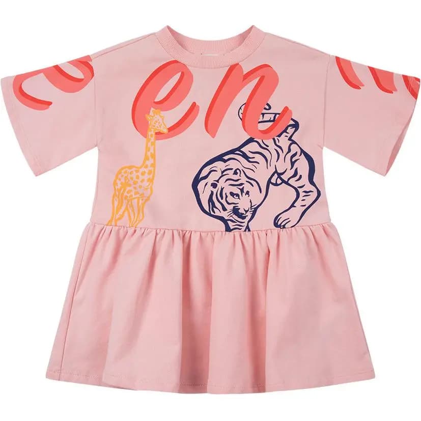 KENZO Kids SS23 Letter Print Round Neck Short Sleeve Dress Girls' Pink