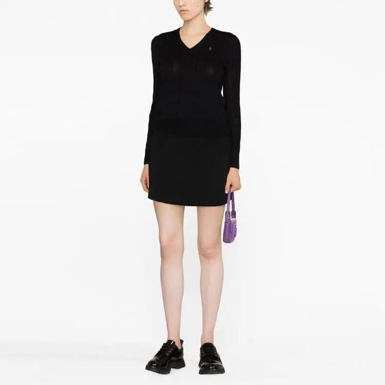Polo Ralph Lauren SS23 V-Yaxa Qadın Sviteri Qara 3