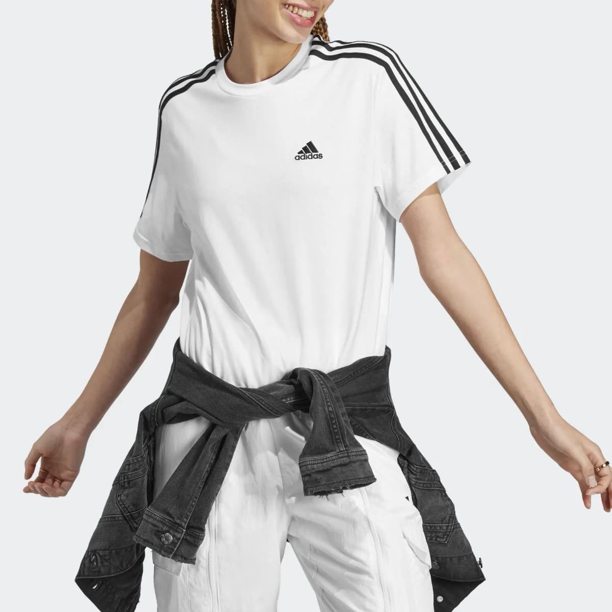 adidas Zolaqlı Loqo Yazılı Qısa Köynək Qadın Ağ 2