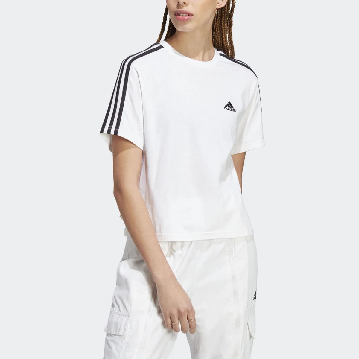 adidas Zolaqlı Loqo Yazılı Qısa Köynək Qadın Ağ 4