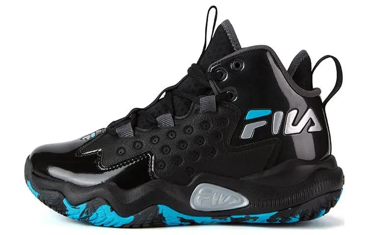 FILA KIDS Anti-Slip Wear-Resistant High-Top Basketball Shoes Black Blue Teenagers