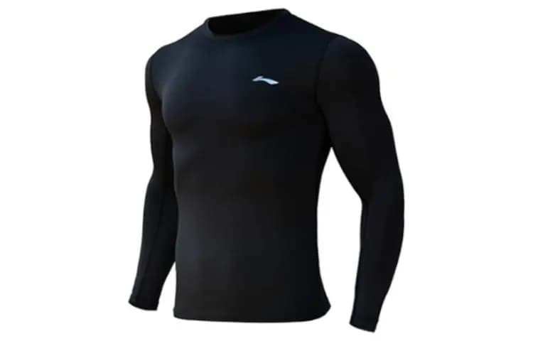 LiNing Solid Color Logo Print Tight Fit Quick-Dry Long Sleeve Gym Shirt Men's Black