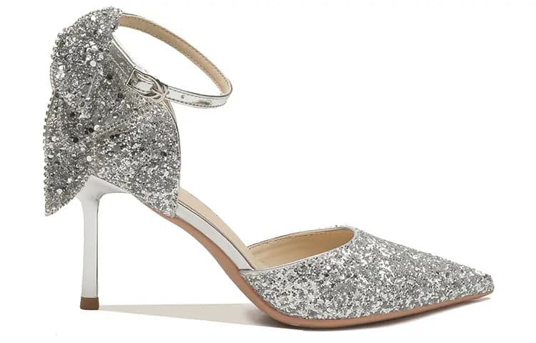Ainer-Cat Leather Bowknot Thin Heel High Heels 8cm Women's Silver 4