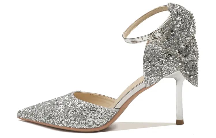 Ainer-Cat Leather Bowknot Thin Heel High Heels 8cm Women's Silver 2