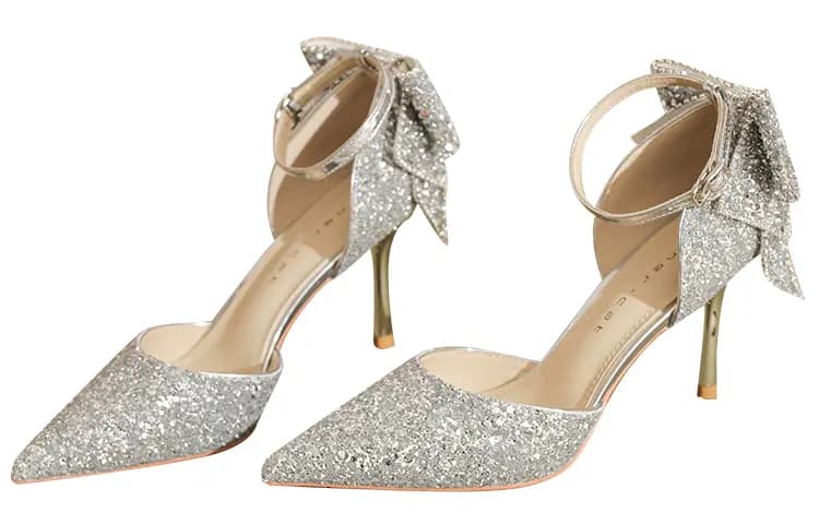 Ainer-Cat Leather Bowknot Thin Heel High Heels 8cm Women's Silver 3