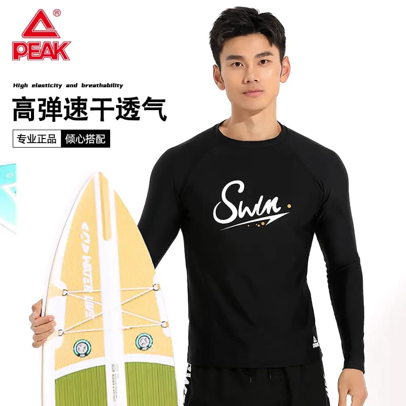 Peak Letter Print Comfortable Breathable Quick-Dry Simple Outdoor Sports Swimming Surfing Tight Crew Neck Men's Swimsuit Men's Black 2