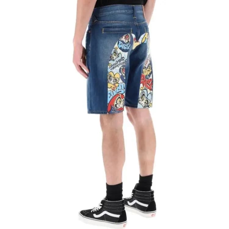 EVISU Graffiti Dharma Big M Print Denim Shorts Men's Denim Blue 5
